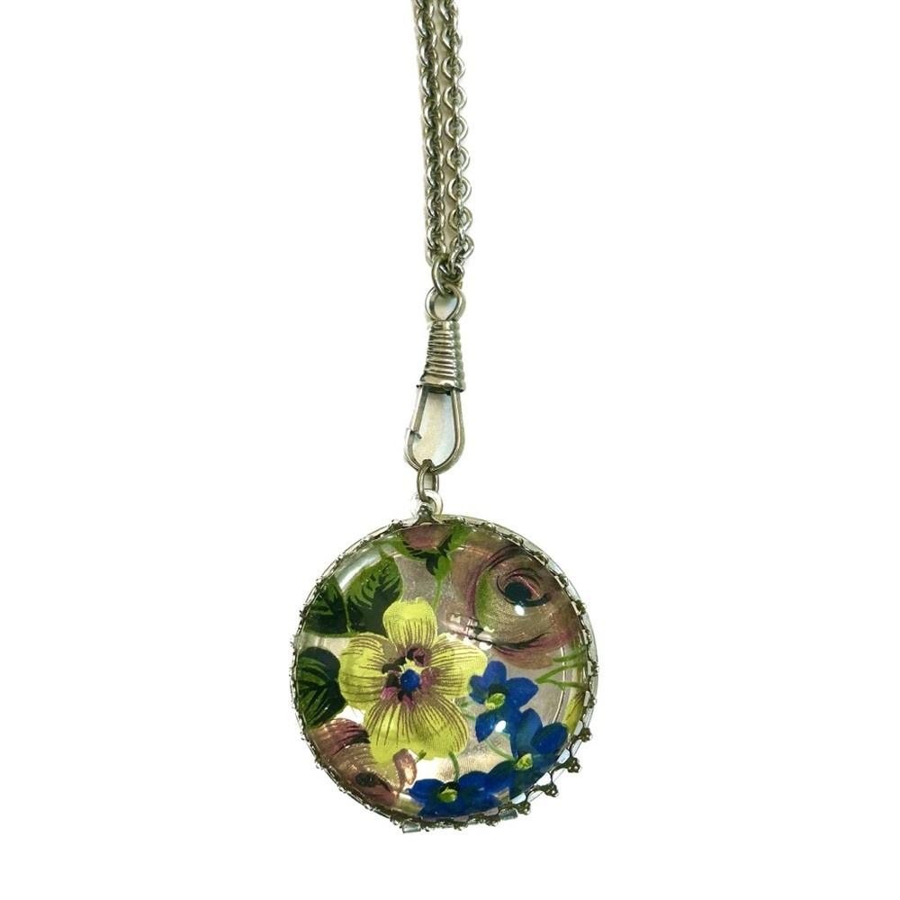 Silver Flower Locket Vintage Glass Floral Necklace